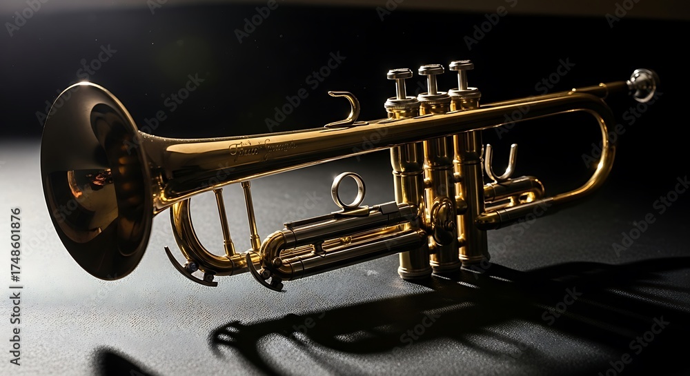 Naklejka premium Golden Trumpet Instrument on Dark Background.