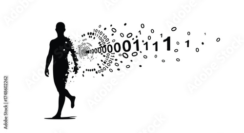 Silhouette of a person dissolving into digital data streams, representing transformation and technology.