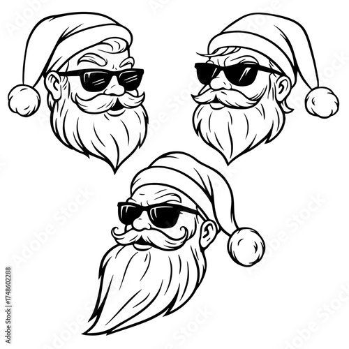 Black and white vector illustration of three cool Santa Claus heads in sunglasses. Funny modern Christmas clipart.