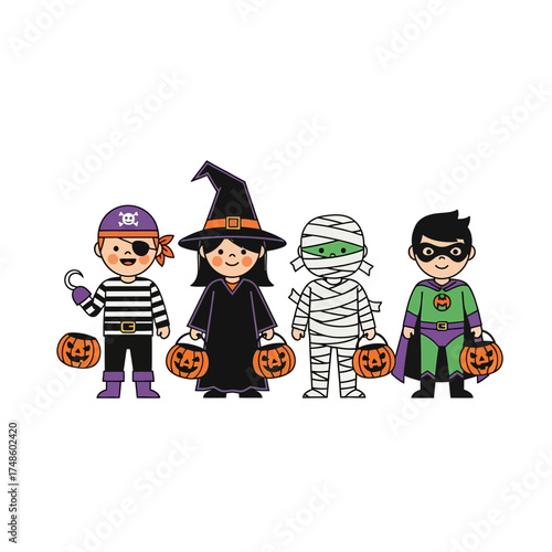 Adorable children dressed in classic Halloween costumes like pirates, witches, mummies, and superheroes eagerly collect treats