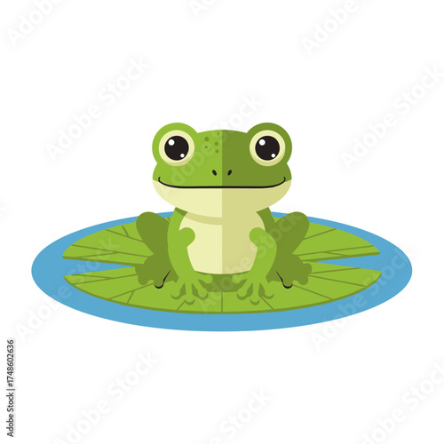 Adorable green frog sits peacefully on a vibrant lily pad in calm blue water