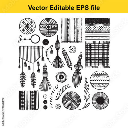 Vector art of collection of handdrawn bohemian elements including tassels, buttons, yarn balls, and patterns