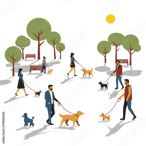 Diverse people enjoying sunny park days walking beloved canine companions amidst lush trees and benches, capturing everyday joy and connection