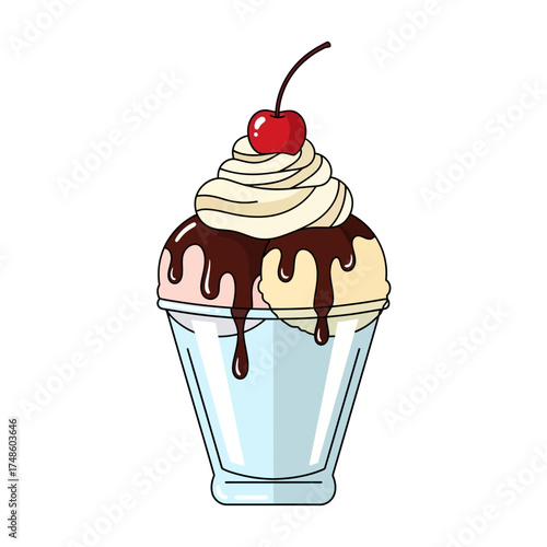 Indulge in delicious ice cream sundae with creamy swirls, rich chocolate, and a bright cherry on top, perfect for summer treats and desserts.
