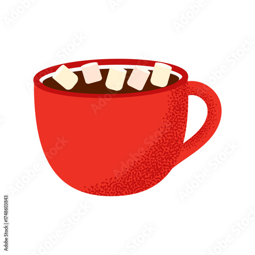 Hot chocolate with marshmallows in a red cup. Cozy winter drink vector illustration, perfect for Christmas design, cafe menu, hygge home decor, and holiday greeting cards.