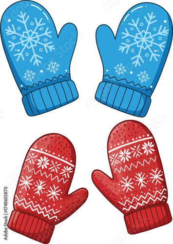 Pair of blue and red knitted mittens with snowflake pattern
