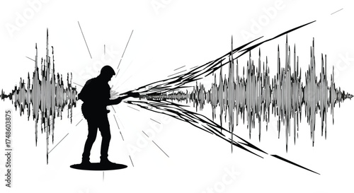 Musician silhouetted playing guitar, creating vibrant sound waves that emanate and expand