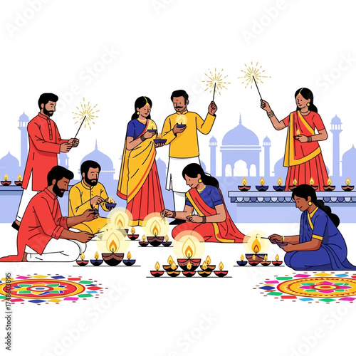 Joyful families celebrate Diwali lighting diyas and igniting sparklers amidst vibrant rangoli and silhouetted temples