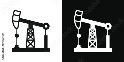Silhouette of an oil pump jack in black and white contrasting against a split background representing industry and energy production