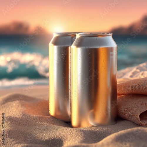 Refreshing tall iced tea cans sitting in warm sand at a sunny beach during a peaceful evening