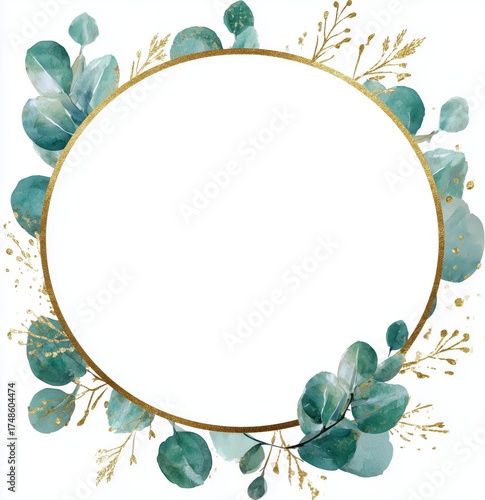 Elegant eucalyptus leaves and golden circular frame create a fresh and modern design for various creative projects