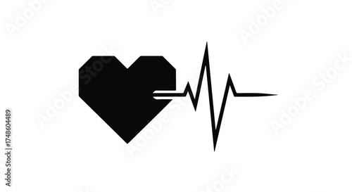 Black geometric heart symbol with a minimalist electrocardiogram line representing a healthy pulse.