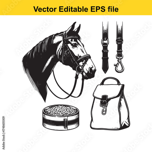 Vector art of black and white illustration of a horse head with bridle, a bowl of feed, a saddlebag, and horse tack