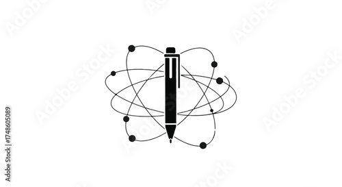 Creative writing concept with pen at the center of orbiting elements