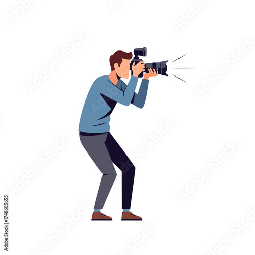 Dynamic professional photographer actively capturing moments with high-tech camera and flash, ready for action and storytelling.