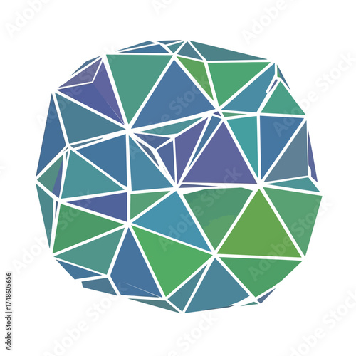 Vibrant geometric sphere with abstract polygon facets in cool blue and green tones, representing data, science, or modern design concepts.