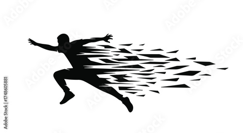 Dynamic silhouette of a runner dissolving into abstract shapes, symbolizing speed and motion.