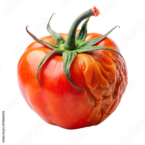 Rotten tomato, with wrinkled skin and stem, cutout, PNG isolated on transparent background