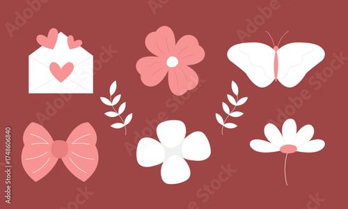 Delicate decor elements for sewing master like cotton flower and bow. Cute icons for social media or highlights designs.