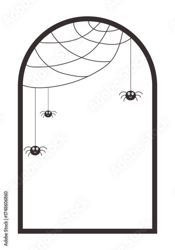 Halloween black silhouette arch with spider web and spiders hang from the web cut out of paper. Cute spooky vertical transparent templates with copy space.