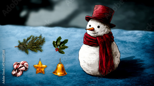 A cute snowman in a red hat with a set of classic Christmas decoration icons.