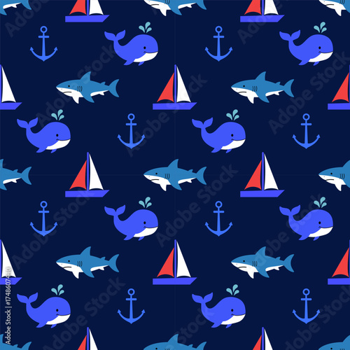 Cute marine tropical seamless pattern with sharks, whales, ships and anchors on blue background. Summer design for textile and fabric. Baby print