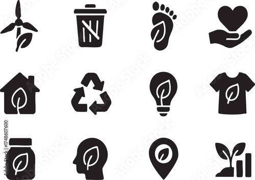 Sustainable Lifestyle Icon Set include Renewable Resources, Waste Reduction, Carbon Footprint, Ethical Consumption, Green Living, Circular Economy etc.
