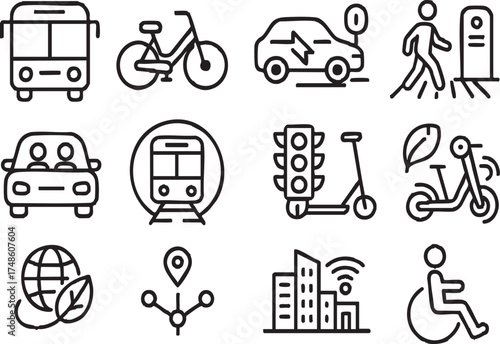 Urban Mobility Icon Set include, Public Transportation, Bike Sharing, Electric Vehicles, Pedestrian Infrastructure, Ride Sharing, Transit Systems etc.