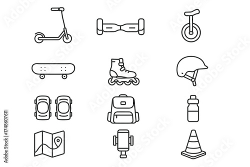 Outline icons of skateboarding, scooters, and safety gear