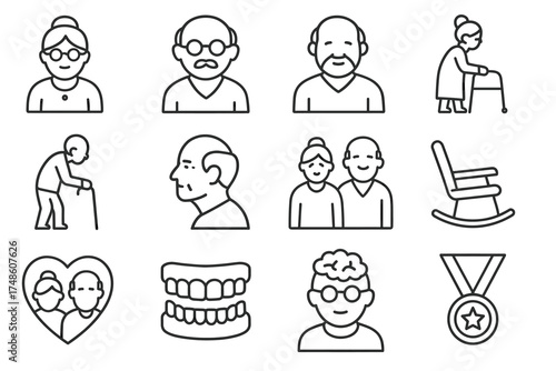 Elderly care icons: seniors with glasses, walking aids, and rocking chair