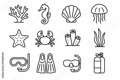 Ocean life icons: seahorse, coral, crab, starfish, jellyfish, shells, snorkel gear