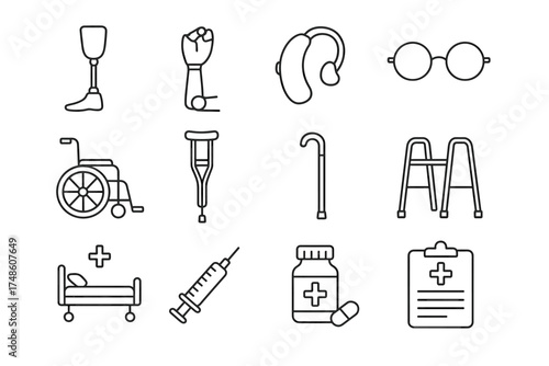 Essential medical equipment icons including prosthetics, hearing aid, and wheelchair