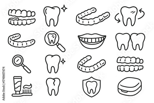 Dental care icons set: teeth, braces, magnifying glass, toothpaste, mouthguard