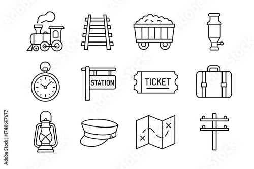 Simple railway icons set featuring train, tracks, and travel elements