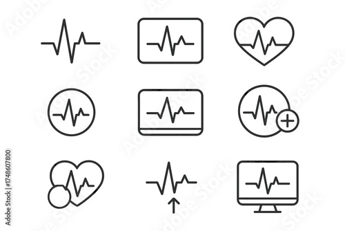 Set of minimalist heartbeat icons and ecg monitor symbols in black and white