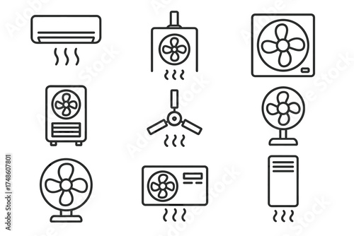 Collection of icons featuring various fan and air conditioner designs
