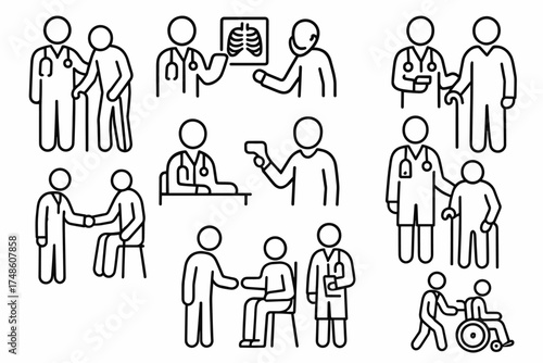 Medical team interactions and patient care icons in minimalist line art