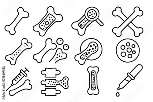 Outline icons of bones and medical tools for anatomy and research