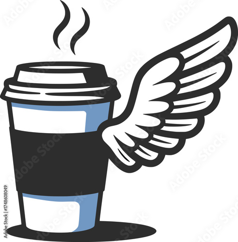 Flying Coffee Cup with Wings Vector Illustration.