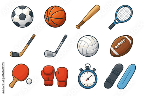 Collection of various sports equipment icons on white background