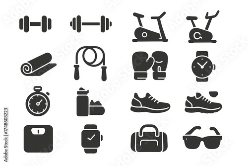 Fitness equipment icons set: dumbbells, bike, yoga, jump rope, boxing