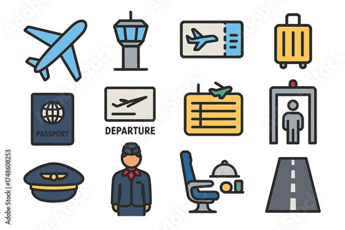 Travel icons set: airplane, passport, luggage, and airport terminal elements