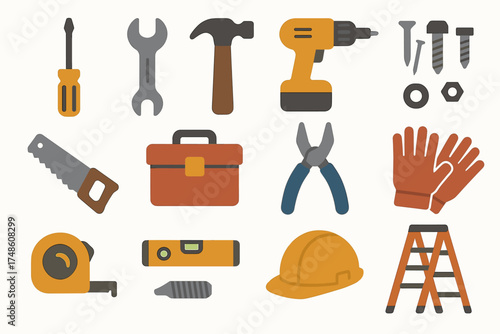 Collection of various construction tools and equipment icons on white background