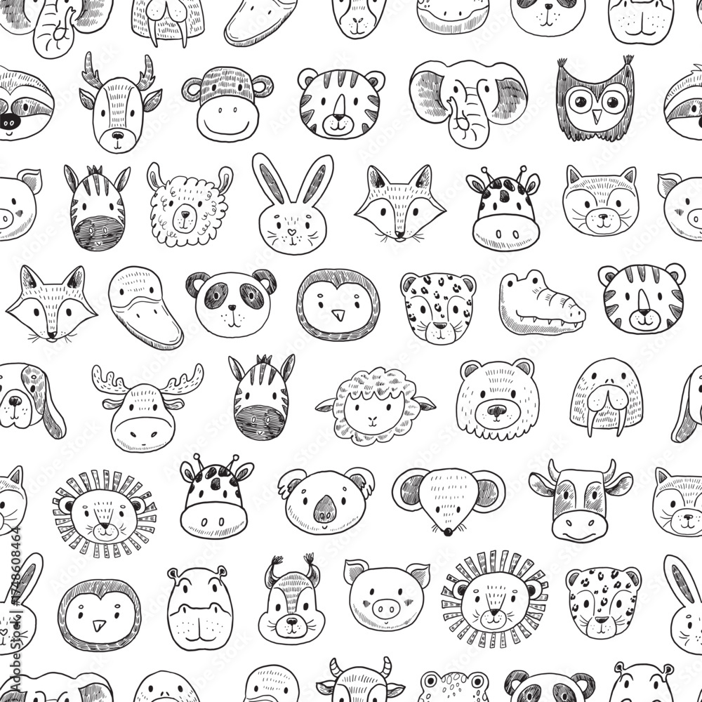 Fototapeta premium Seamless pattern with cute hand drawn animals heads. Vector illustration.