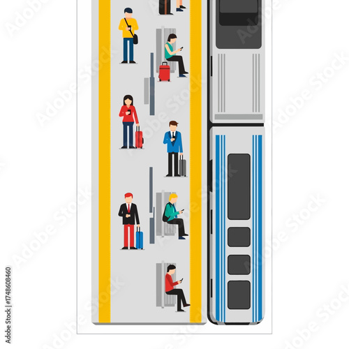 Diverse commuters patiently wait for modern public transportation on a busy train station platform, checking phones and holding luggage.