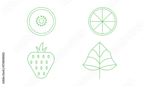 Minimalist green line art illustration of four geometric fruit and leaf designs — kiwi, citrus, strawberry, and leaf in 2x2 grid