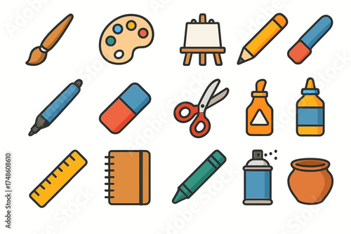 Colorful art and craft tools collection with iconic illustrations of brushes, palette, easel, and more