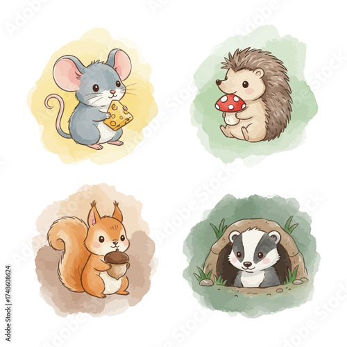Sweet and charming watercolor set featuring beloved woodland creatures a cute mouse, a friendly hedgehog, a playful squirrel, and a curious badger, all rendered with soft, artistic flair