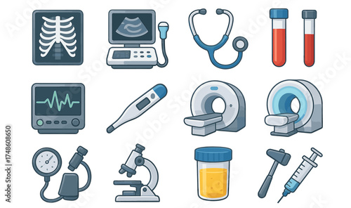 Medical equipment icons: x-ray, ultrasound, stethoscope, mri, microscope, syringe