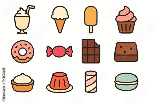 Collection of colorful dessert icons featuring ice creams and sweets